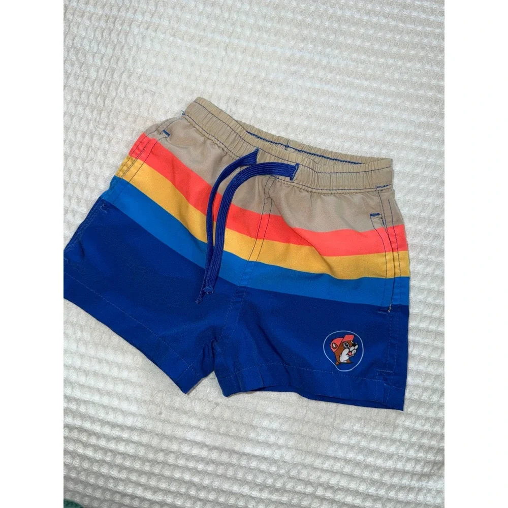 Buc-ee's Swim Trunks Toddler 2T Blue Multi Striped Beaver Logo Board‎ Shorts